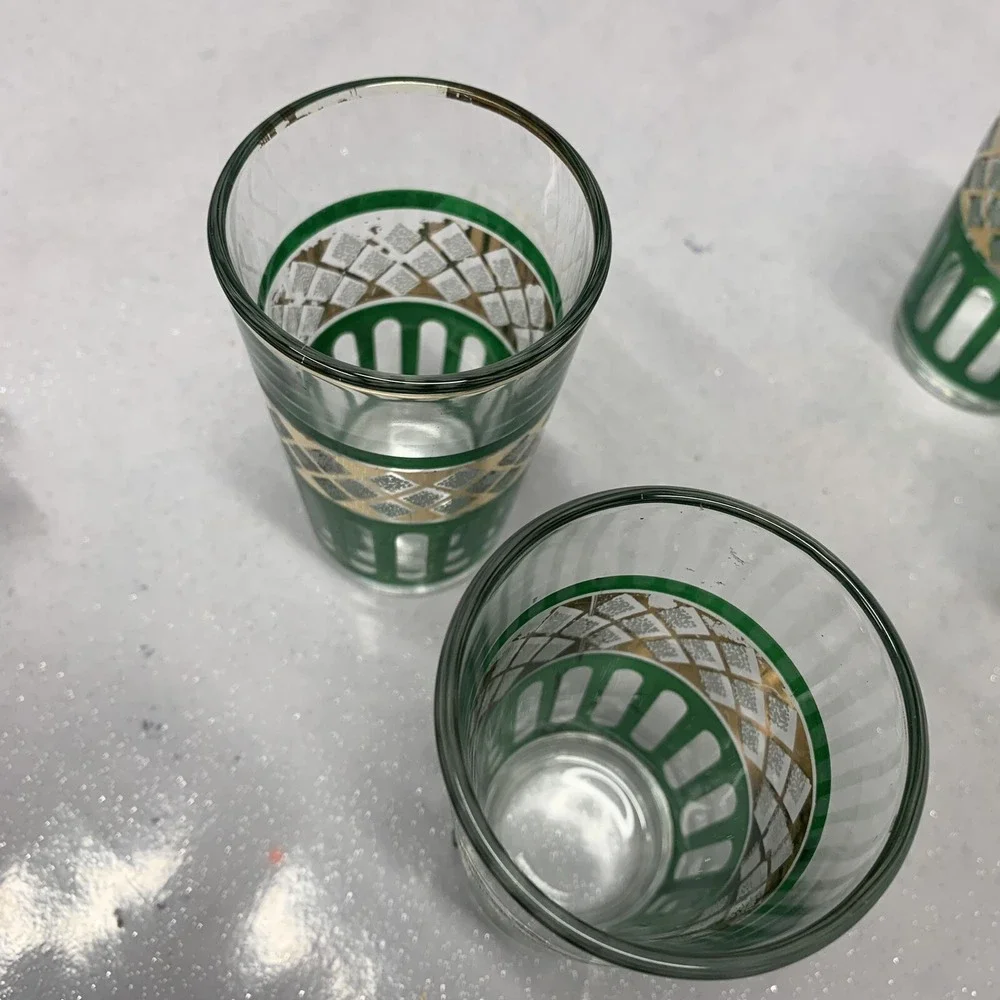 Vintage Set of 6‎ Shot Glass Green Stripe Gold Trim 3 Oz Made Italy Barware READ